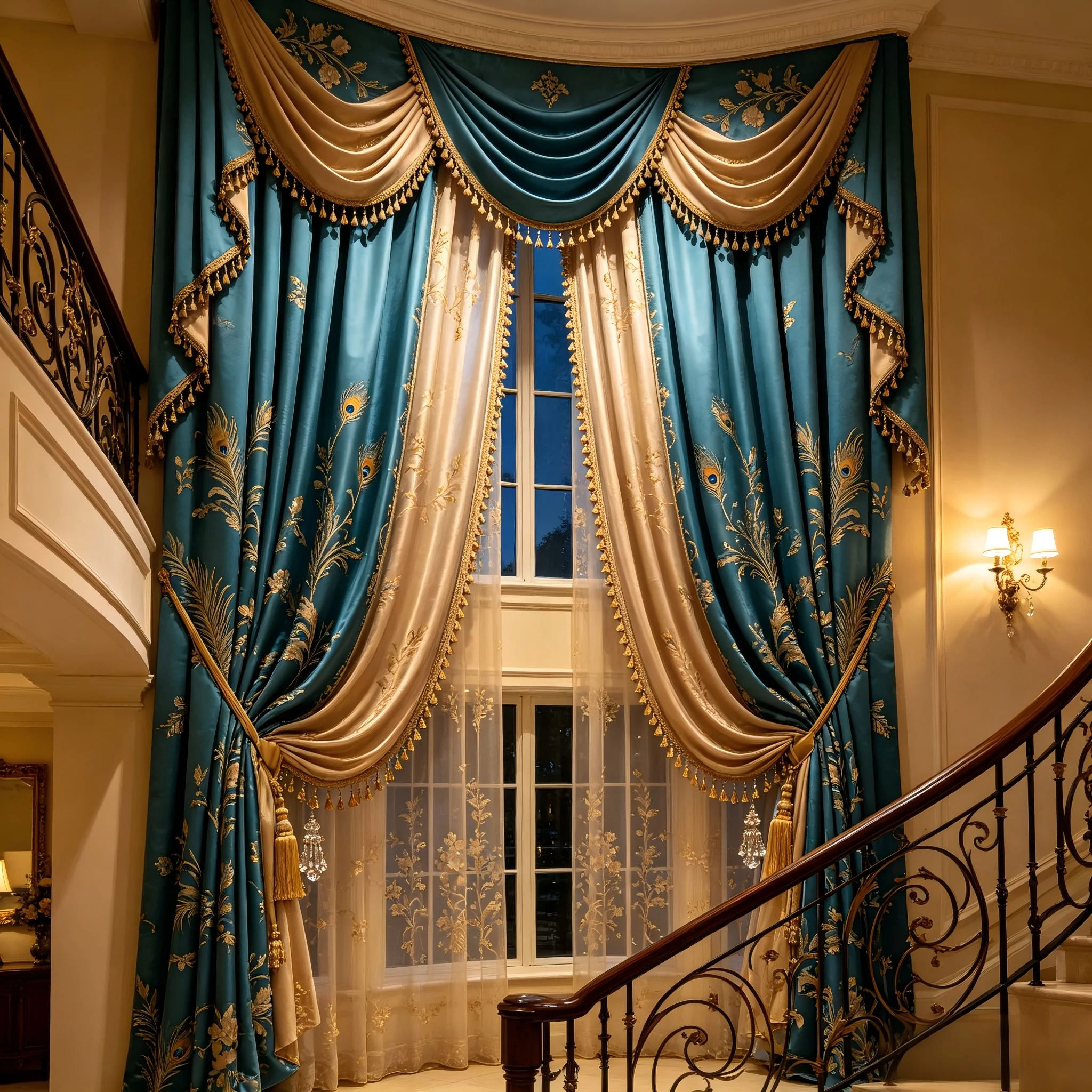 200336  Villa staircase well window peacock blue satin champagne gold gauze flower leaf peacock feather jacquard curtain