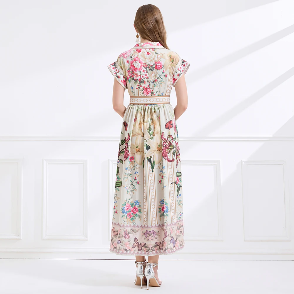 Saia Midi Estampada Ele 2025 Court Sle ort Sve com Barra Bufante, Cintura Marcada, Gola de Terno e Estampa Floral Vintage