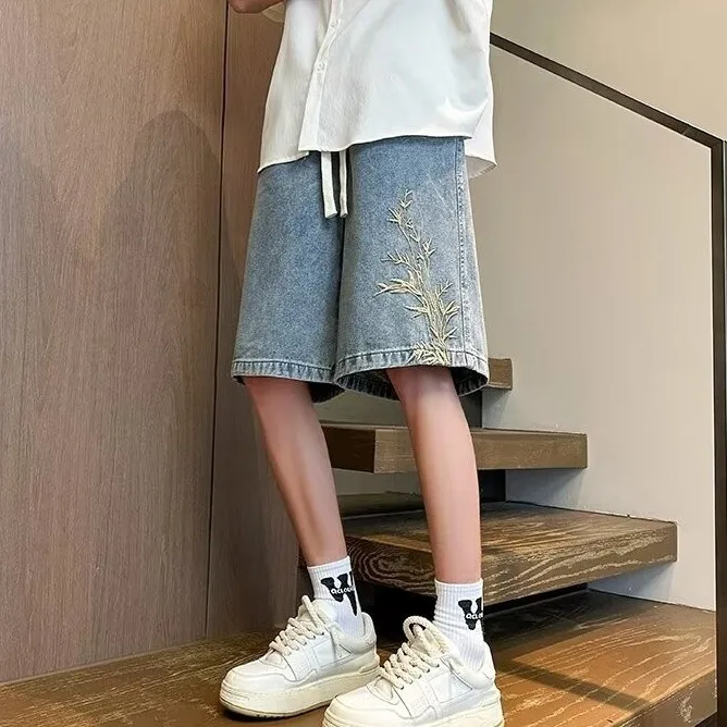 Men's Washed Denim Shorts with Embroidery Summer Lightweight Casual Loose Straight Fit Streetwear 5 Inch Inseam