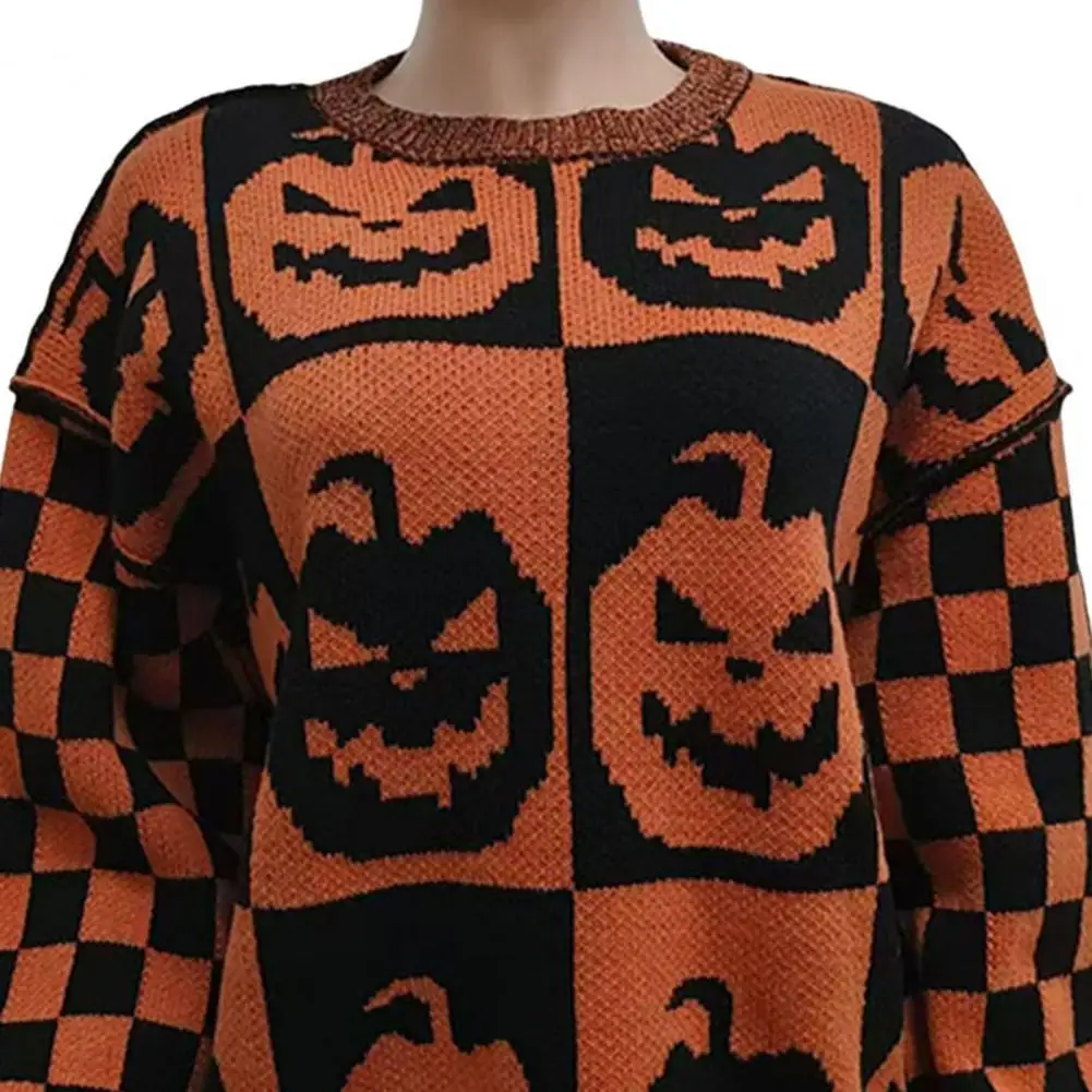 Halloween maglione spettrale Plaid Pumpkin Ghost Pattern Knitting top girocollo manica lunga Pullover top maglieria