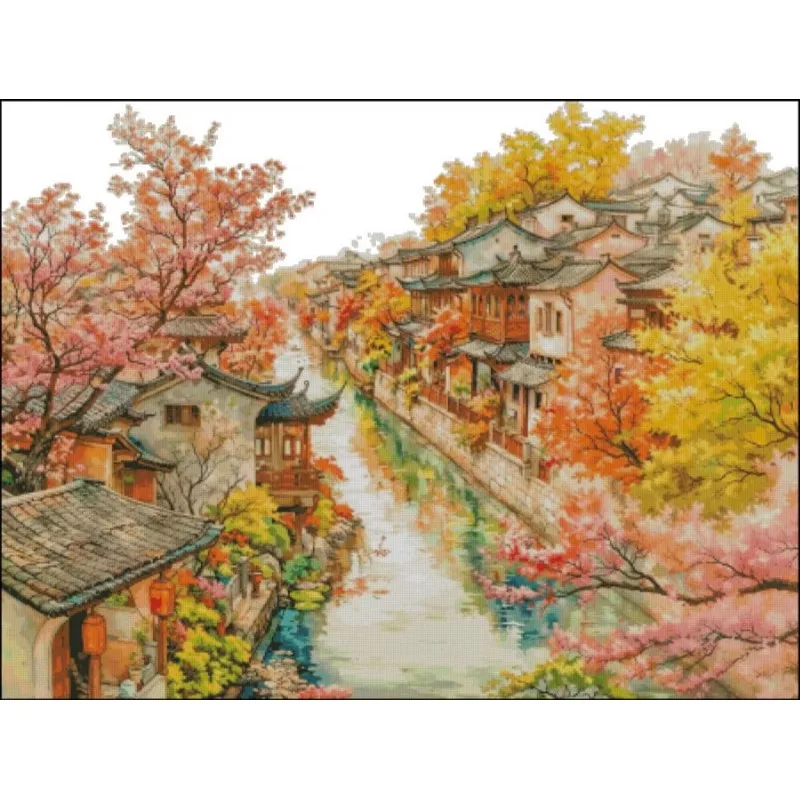 Jiangnan Autumn 14CT 16CT Printed On Canvas Cross Stitch DIY Set Chinese Pattern Kit Home Needlework Embroidery