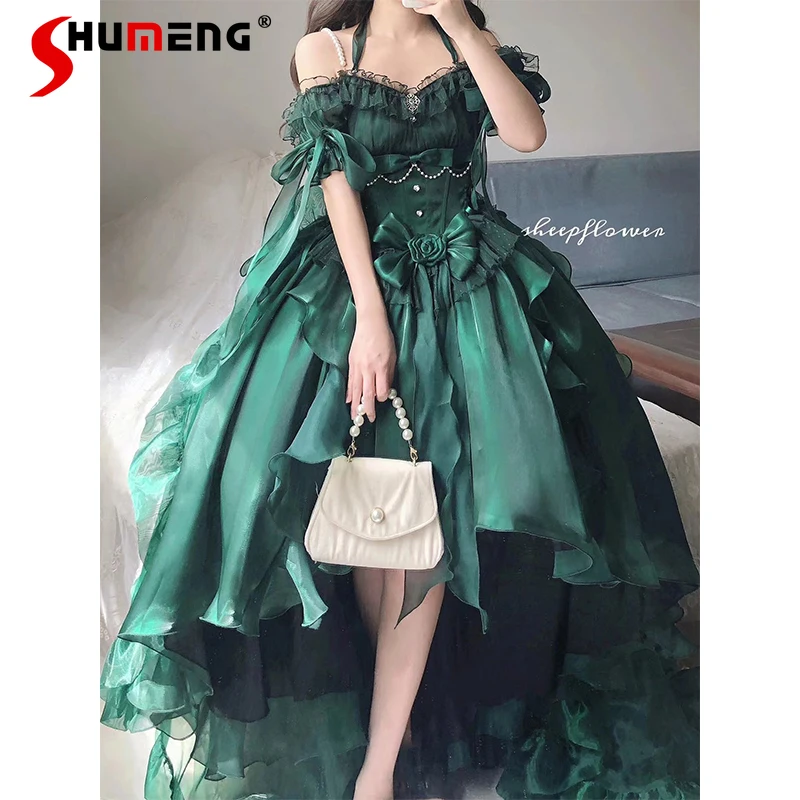 

Green Lolita Heavy Industry with Long Trailing Princess Dress Womens High Waist Slim Elegant Celebrity Party Evening Dress Mujer