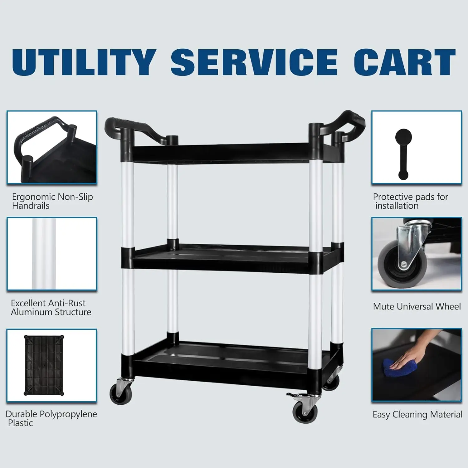 Commercial Cart Large Size, Restaurant Cart with Wheels Lockable, Heavy Duty Utility Service Cart for Foodservice, Commercial,Of