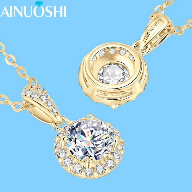 

AINUOSHI Новое круглое ожерелье с муассанитом D1.00CT для женщин, стерлинговое серебро S925, классическая круглая цепочка, сверкающее ожерелье с подвеской в виде ореола