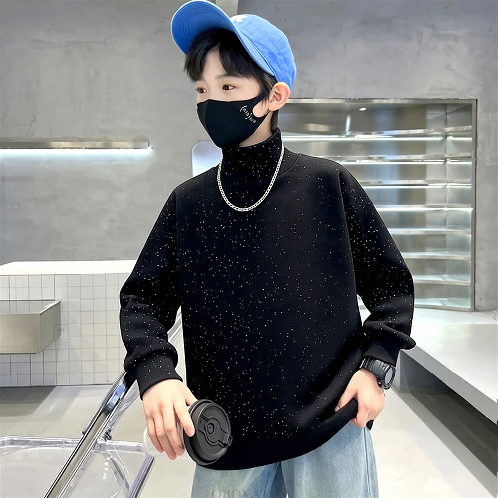 New Autumn Kids Children Turtleneck Sweatshirt with Silver Print for Boys Casual Black Color T-shirt Outfit Age 5 6 8 10 12 14 Y