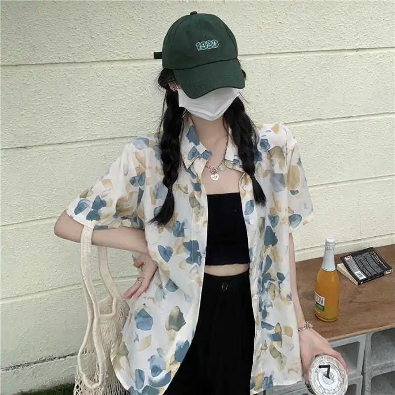 

Kawaii Girl Blouse Summer Button Up Shirt for Women Korean Fashion Tops Clothing Cardigan Vintage Clothes Hawaiian Beach 2022