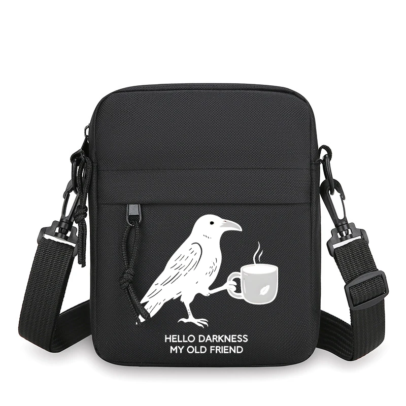 Crow with Coffee Funny Meme Graphic Men's Shoulder Bag "Hello Darkness My Old Friend" Small Crossbody Bags Man Messenger Bag