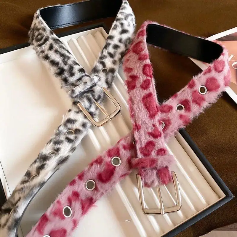 الرجعية الوردي ليوبارد طباعة فو الفراء حزام Y2k رقيق حزام للنساء حزام واسع حار الفتيات الشارع الخصر فاسق حزام خصر #2