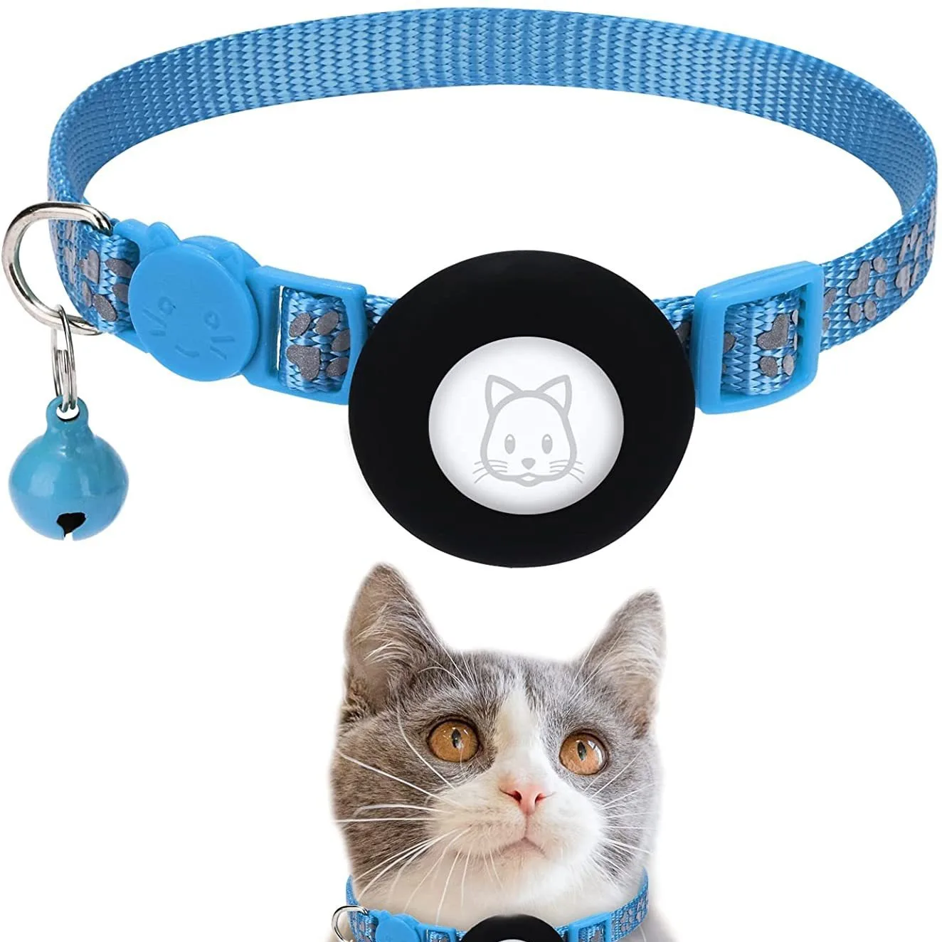 Katzenhalsband mit AirTag-Halterung, Schutzabdeckung, Reflektierendem Pfotenabdruck, Glöckchen und Verstellbarer Sicherheitsfunktion für Kätzchen