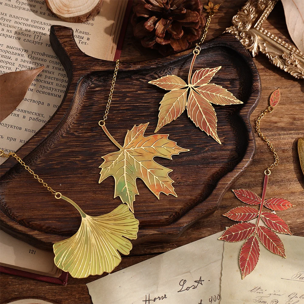 4 قطعة/الحزمة خمر يترك البرنز المعادن المرجعية مجموعة مع سلسلة معدنية قلادة المرجعية للطلاب الكتاب عشاق الكتاب القراء #5