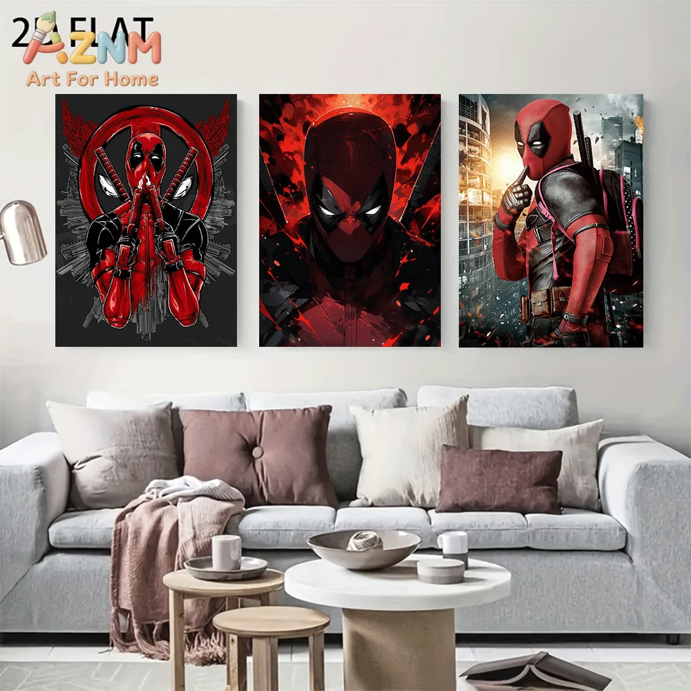 AZNM Deadpool Splash Art Canvas Wall Art Frameless Poster Red Black Superhero Character City Battle Scene Print Boys Bedroom Dec