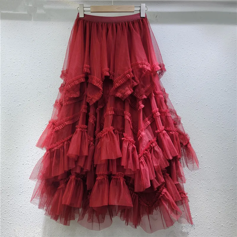 

2025 spring new retro lace patchwork mesh skirt women's high-waisted A-line skirt y2k skirt