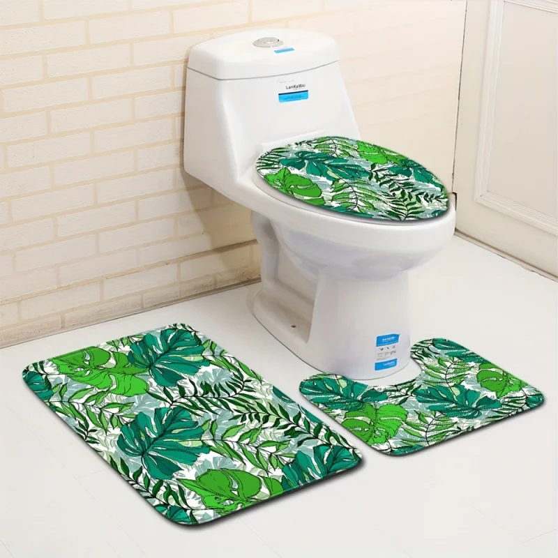 1/3pcs White Background Green Leaf Floor Cover Toilet Carpet Absorbent Door Mat Bathroom Three-piece Set