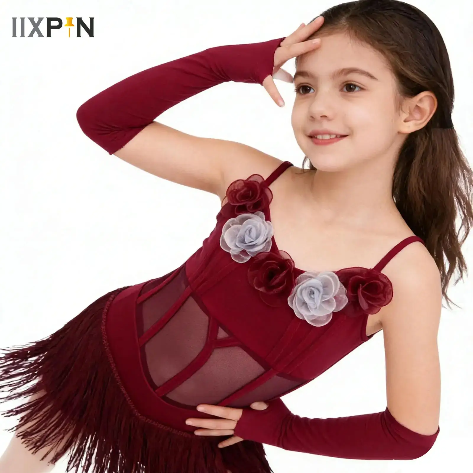 

Girls Elegant Latin Cha-cha Dance Stage Performance 3d Flowers Tassel Leotard Dress Lyrical Latin Samba Rumba Dance Dress+Gloves