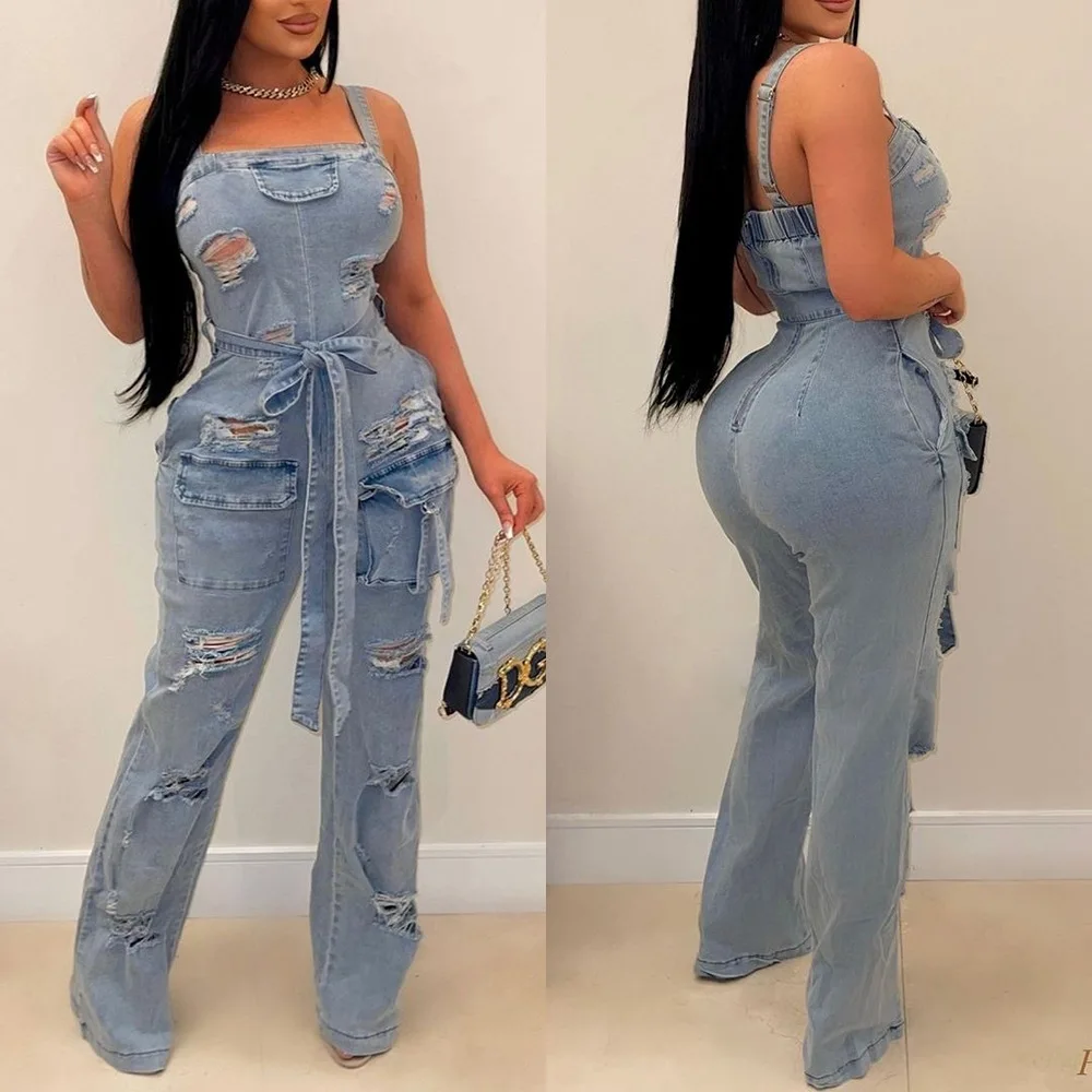 Summer women Sexy Ripped Fringe Wrapped Chest Denim Jumpsuit Lady Casual  Sleeveless Bodycon Straight-leg pants Jeans Rompers