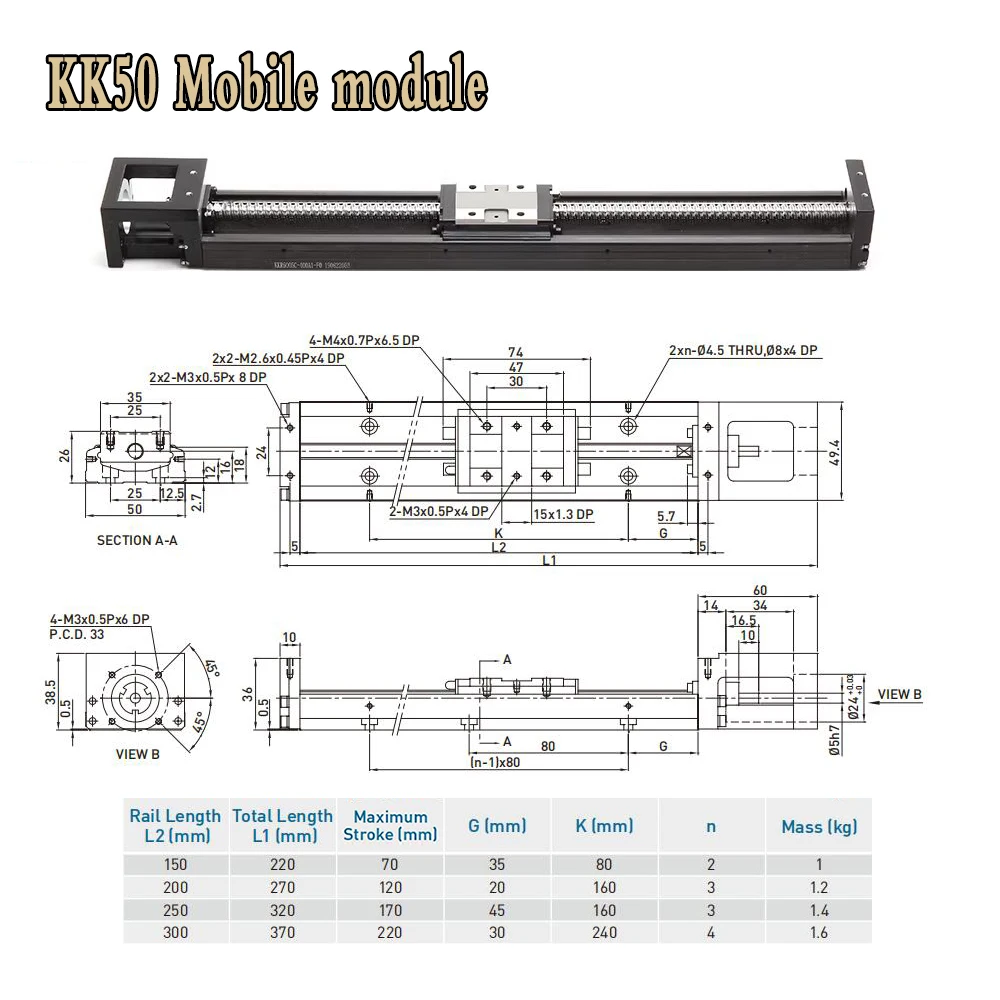 High Precision Ball Screw Sliding table KK50 Linear Moving Module,2mm Lead Accuracy,Repeatability ± 0.01,70mm-220mm Stroke