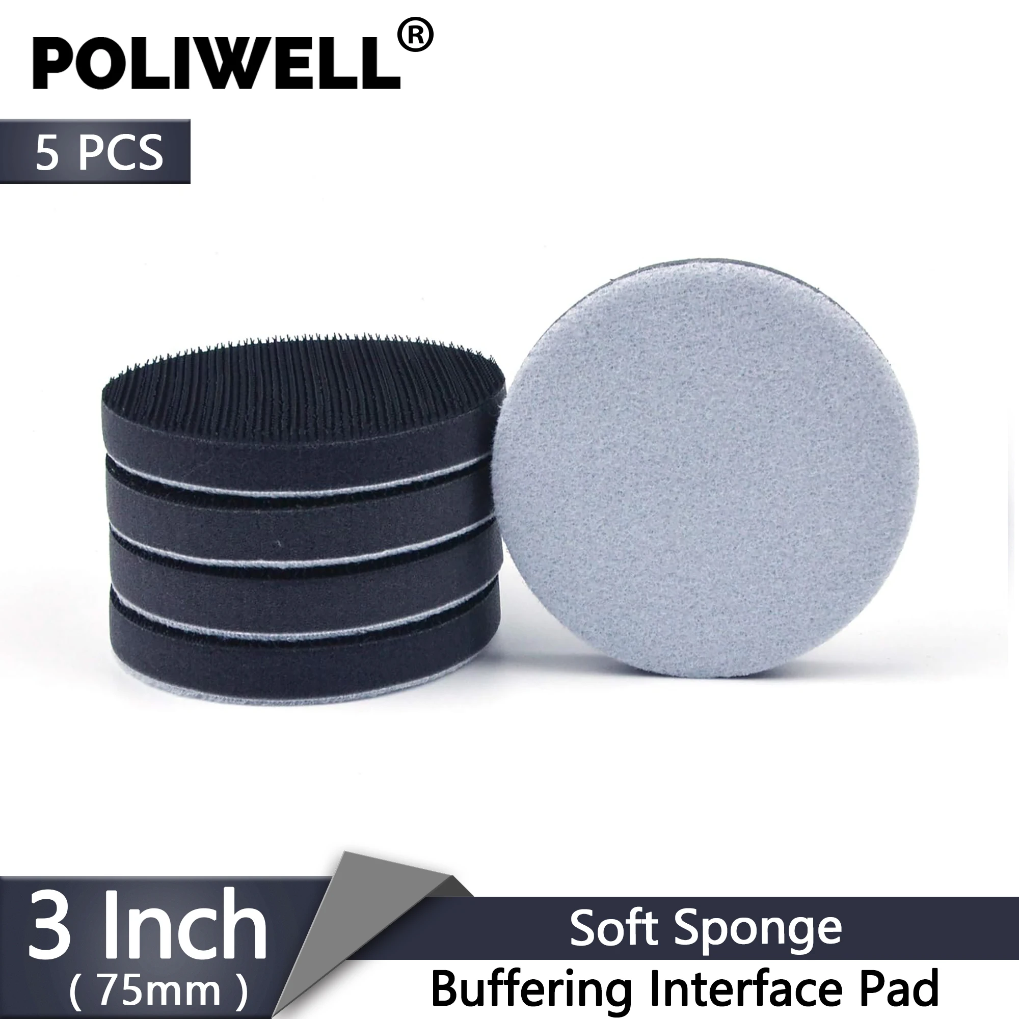POLIWELL 5 Pack 3 Inch 75mm Foam Buffing Interface Pad Hook & Loop Soft Density Buffer Backing Pads for Drill Mini RO Sander