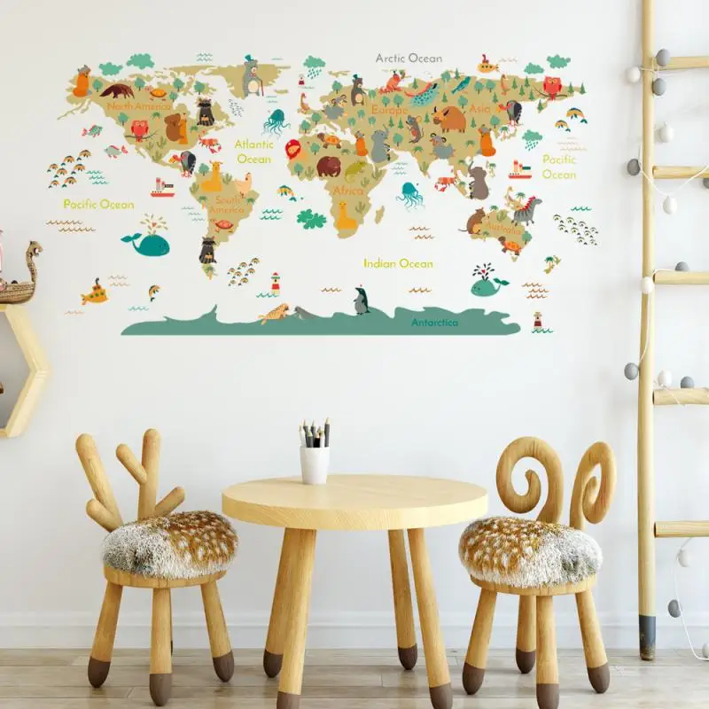 Cartoon Animals Map Wall Stickers for Kids Room Bedroom Kindergarten Wall Decor Vinyl Pvc Wall Decals Art Murals Home Decoration