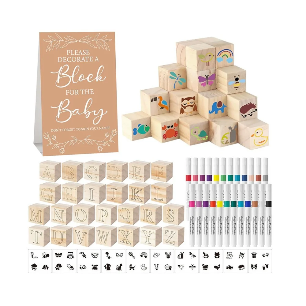 117pcs Wooden Block Set Baby Shower Game Block Template Painting Ornament Birthday Party Baptism Gender Reveal DIY Decoration