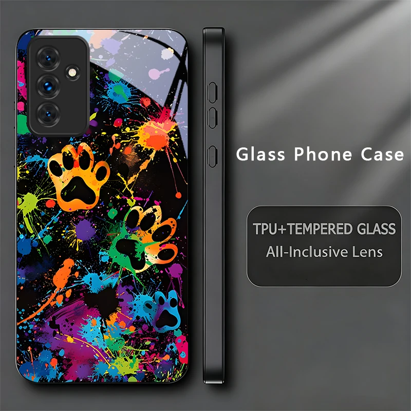 Graffiti Color Paw Black Phone Case For Samsung A32/A33/A34/A35/A36/A37/A51/52/52s/A53/A54/A55/A56/A57/A71/A72/A73 Glass Cover