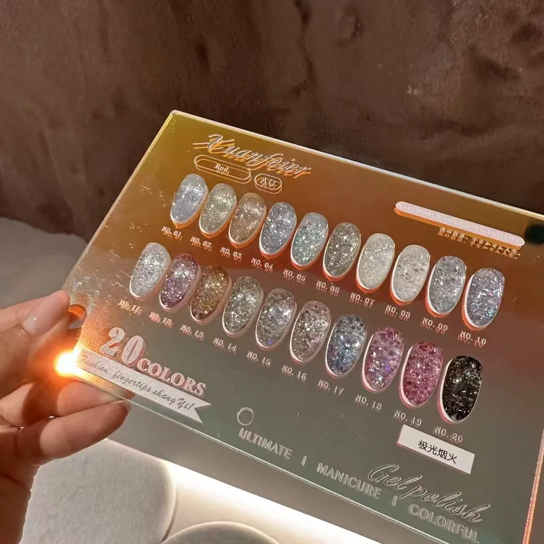 XUANFEIER 20 couleurs paillettes couleur gel pour ongles ensemble salon de manucure 2024 nouvelle offre spéciale Gel UV Non toxique kit d'art des ongles de mode en gros