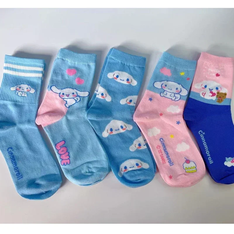 5 Pairs Anime Sanrio Cinnamoroll Cartoon Socks Women's Blue Combed Cotton Midtube Stockings Cute Gilrs Puppy Stockings