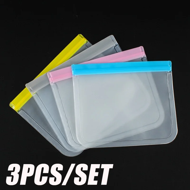 3PCS/SET PEVA Food Storage Bag Upgrade Leakproof Top Stand Up Reusable Freezer Sandwich Ziplock Silicone Bag Food Preservation