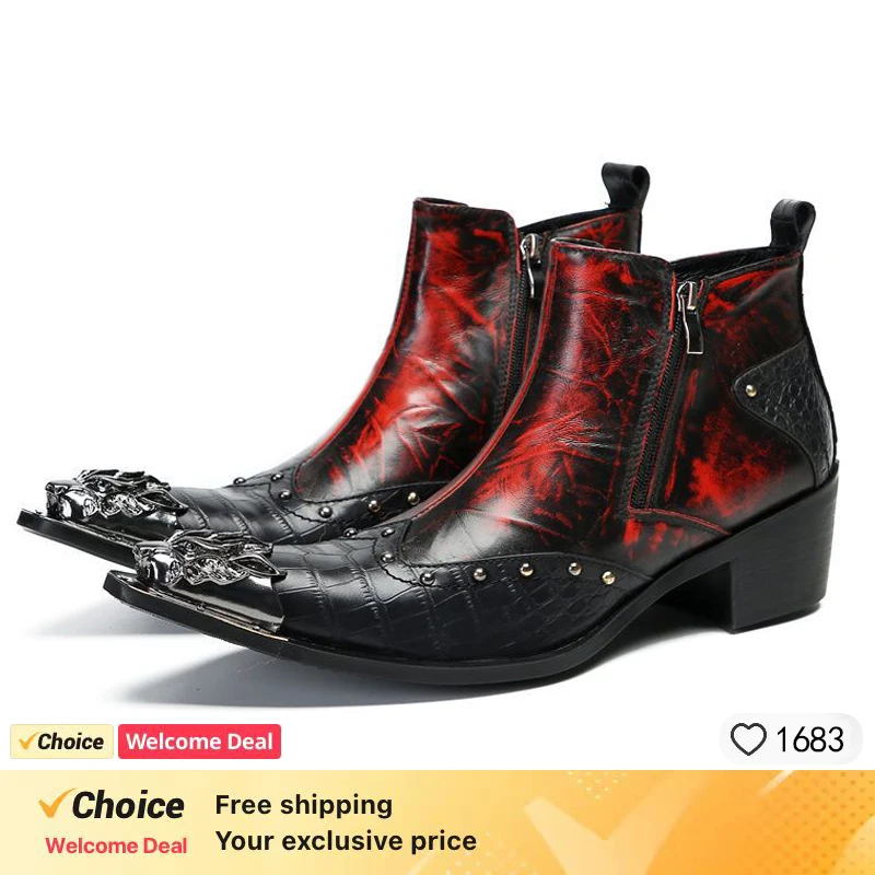 Black Red Patchwork Men's Ankle Boots Metal Toe Zip High Heels Genuine Leather Boots for Men Stylish Rivet Short Autumn Boots