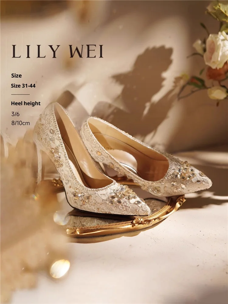 

Stiletto high heels spring new pointed toe rhinestone lace sequin wedding shoes banquet large size small size women's shoes