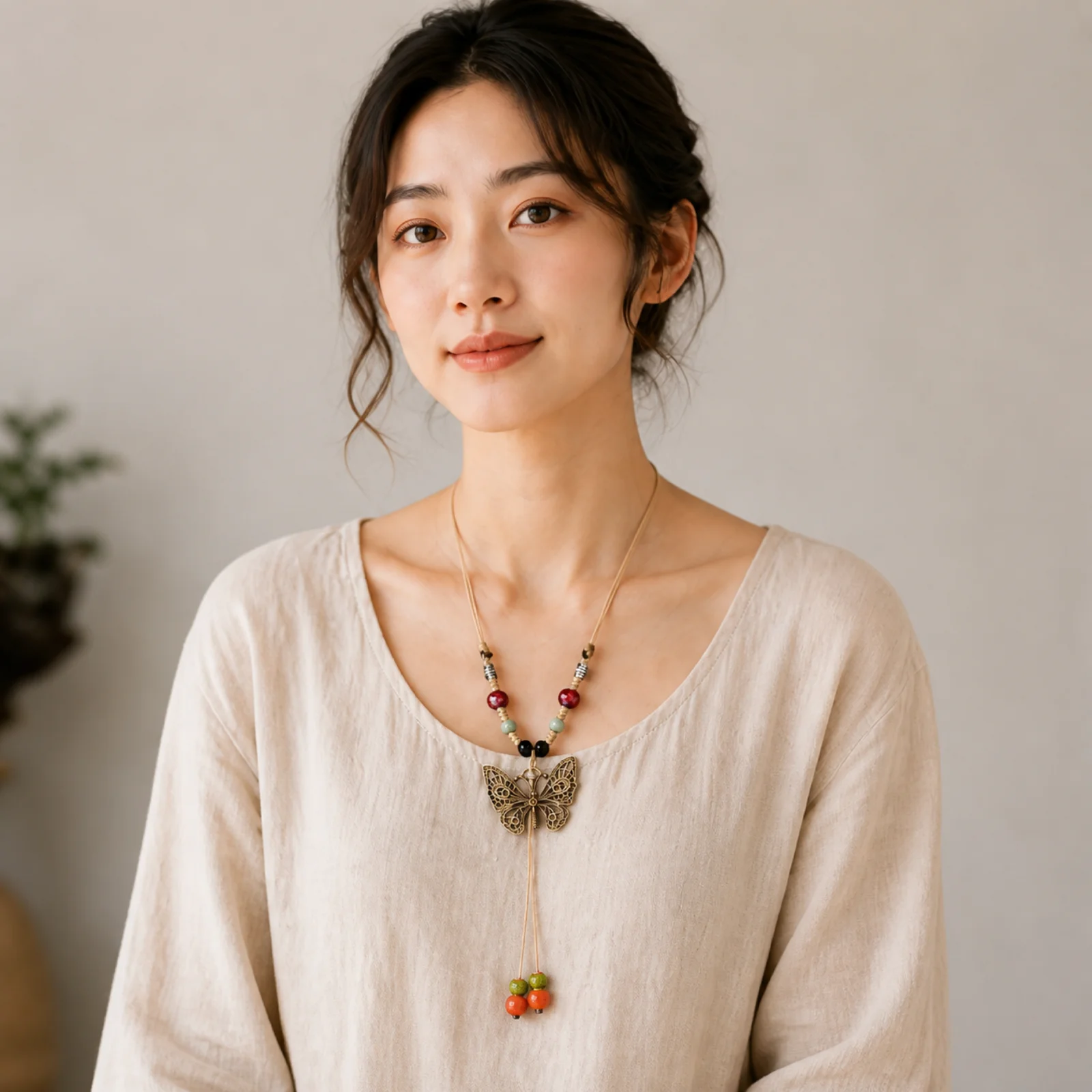 Art Handmade Ceramic Bead Green Butterfly Necklace Adjustable Wax Cord Woven Pendant with Metal Accents 608P13-08