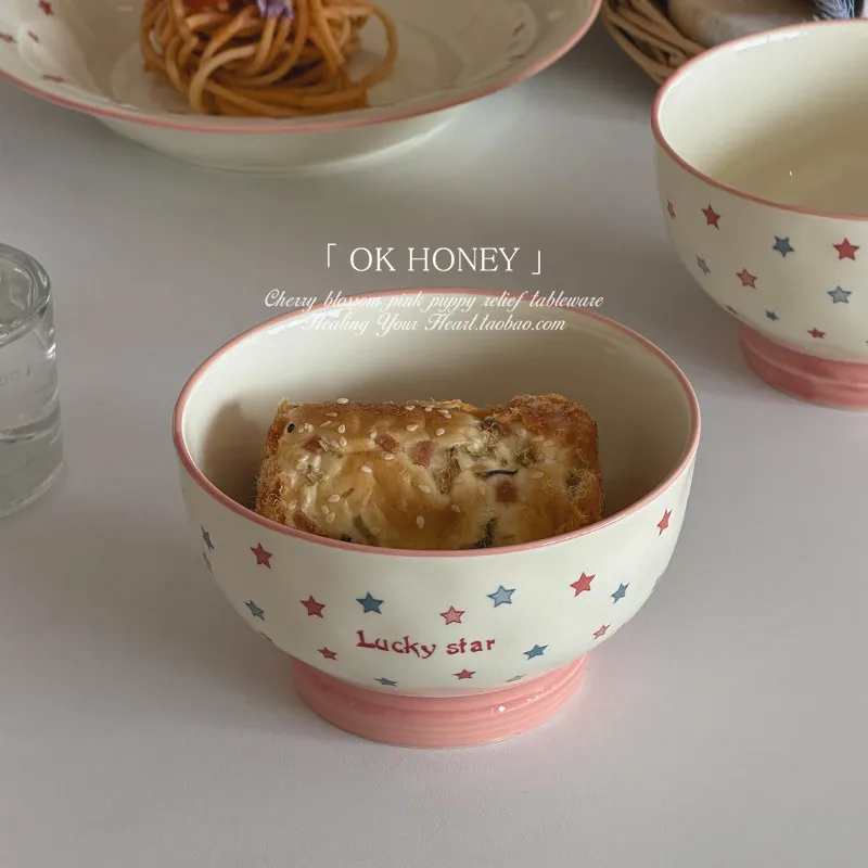 550ml Ceramic Footed Rice Bowls 2026 New Household Color Stars Print Round Dinner Tableware Underglaze Color Fruit Salad Bowl