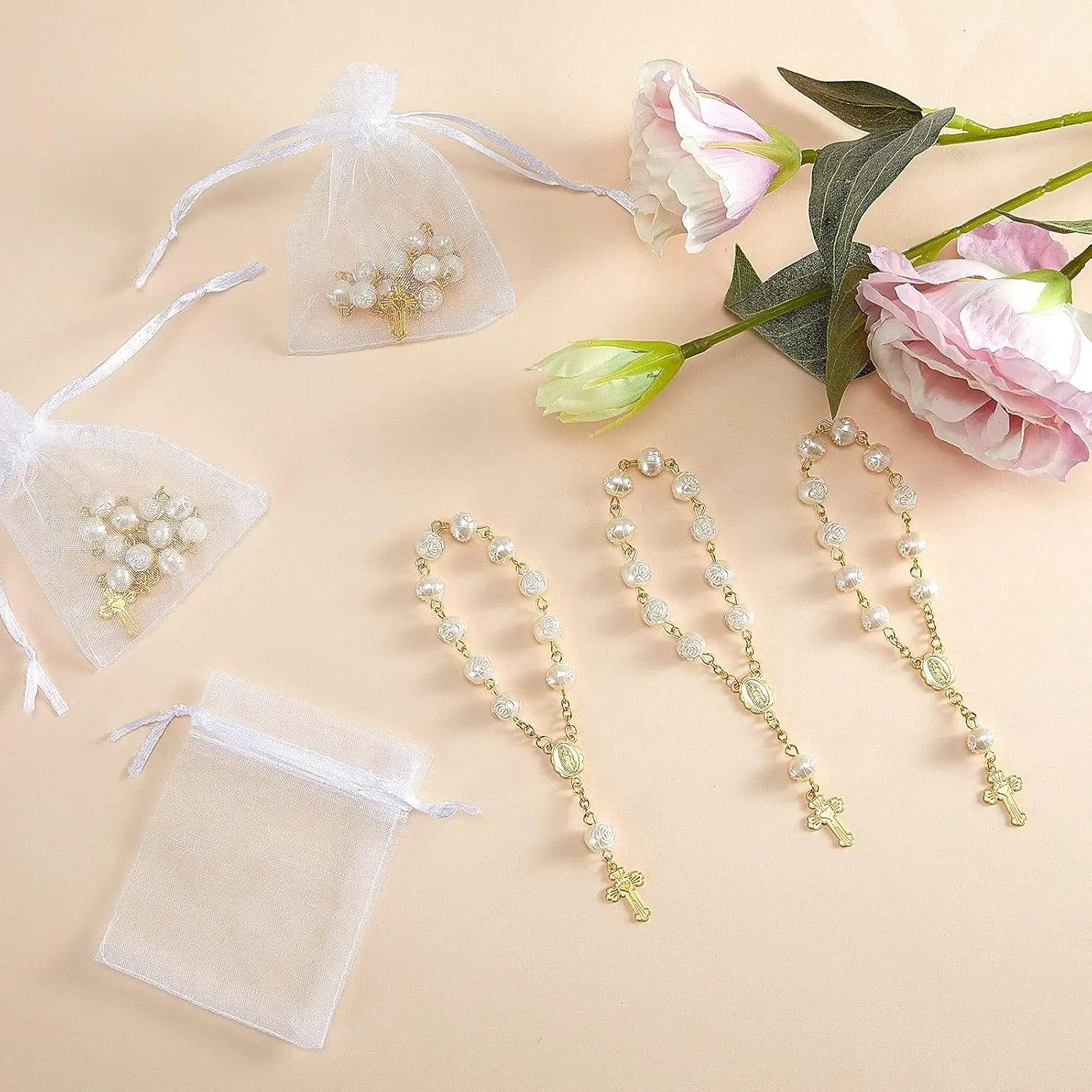 10-60 Stück Mini-Rosenkränze Tauf-Rosenkranzperlen Acryl Elfenbeinfarben Finger-Taufrosenkränze Kunstperlen mit Organzabeuteln – Detail 5