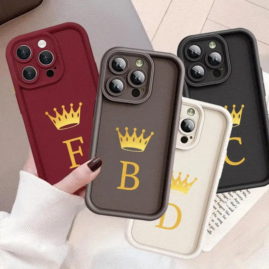 Crown 26 Letter Fashion A-F Phone Case for iPhone 16 12 Pro 15ProMax 11 Pro 13 Mini XR XS Max 14 Plus SE 8 7 Soft Cover