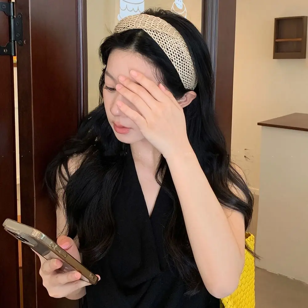 속이 빈 짚으로 엮은 헤어밴드 휴가 스타일 와이드 엣지 헤어밴드 한국 스타일 헤어웨어 보헤미안 스타일 헤어 후프 데일리
