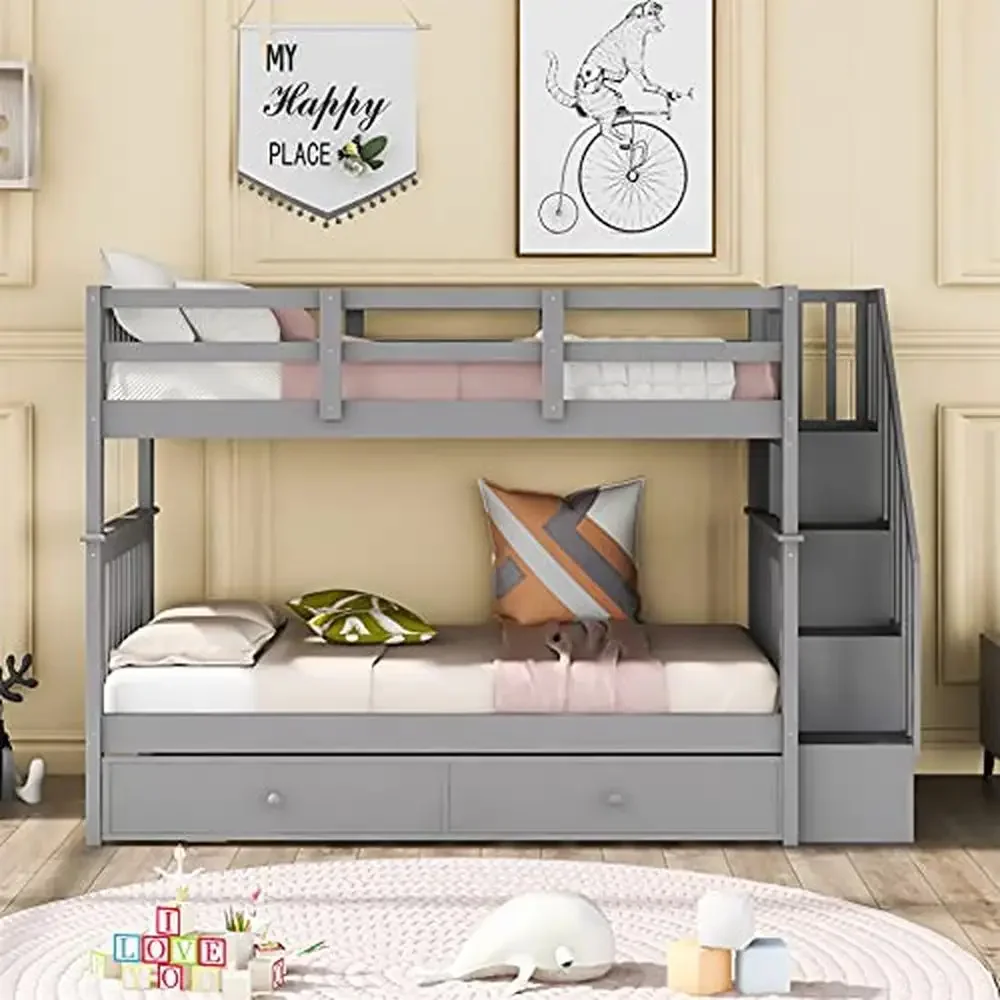 Solid Wood Twin Bunk Bed with Stairs & Trundle Storage Modern Country Design Sturdy Frame Kids Teens Adults Grey Twin over Twin