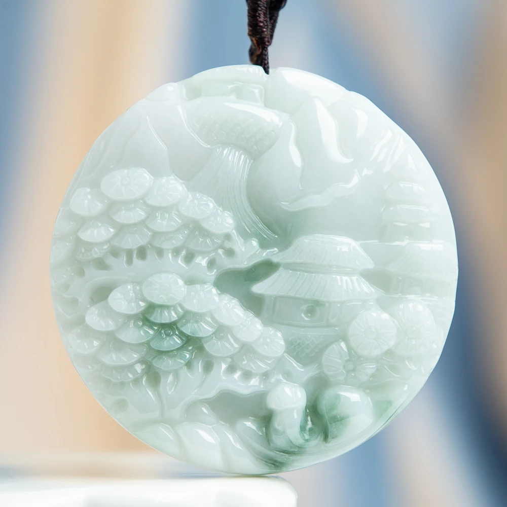 

TIMESWIND White Natural A-type Myanmar Jade Landscape Carved Round Pendant Men Necklace with Certificate