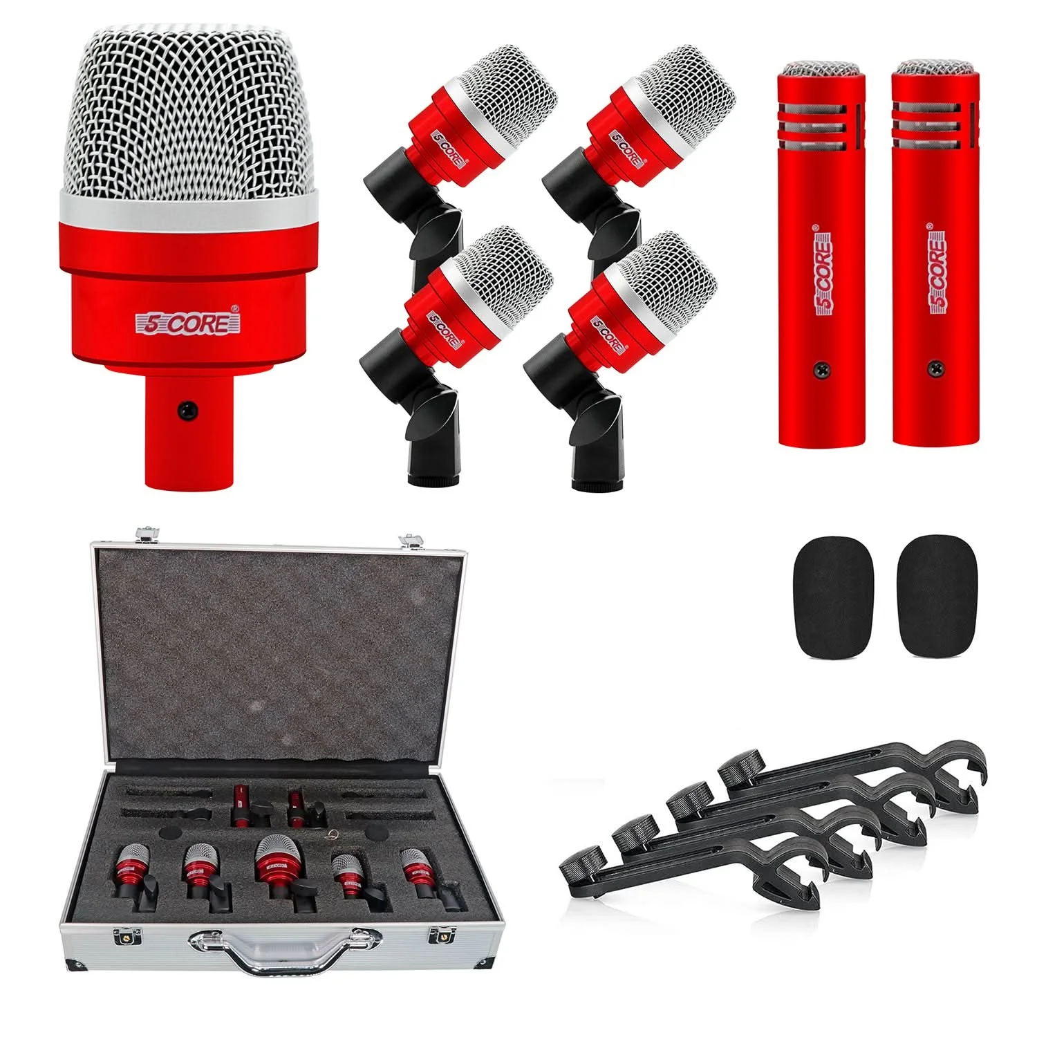 

5 Core Drum Mic Kit 7 Pcs Kick Bass Tom Snare Dynamic Microphone Instrument Mics Set DM 7ACC RED