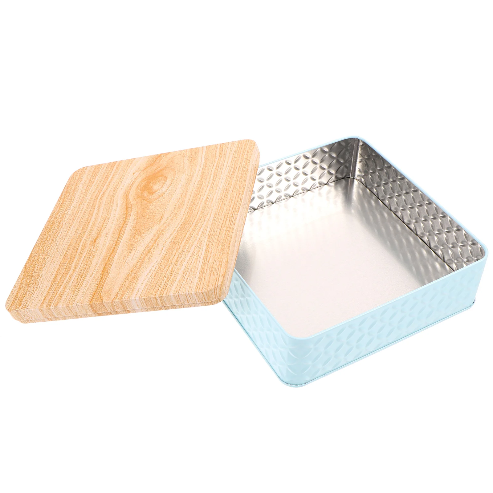 

1pcs Square Blue Baking Box Cookie Tin Airtight Storage Empty Lids Candy Pastry Snack Container Gift Wooden Lid Tinplate Kitchen
