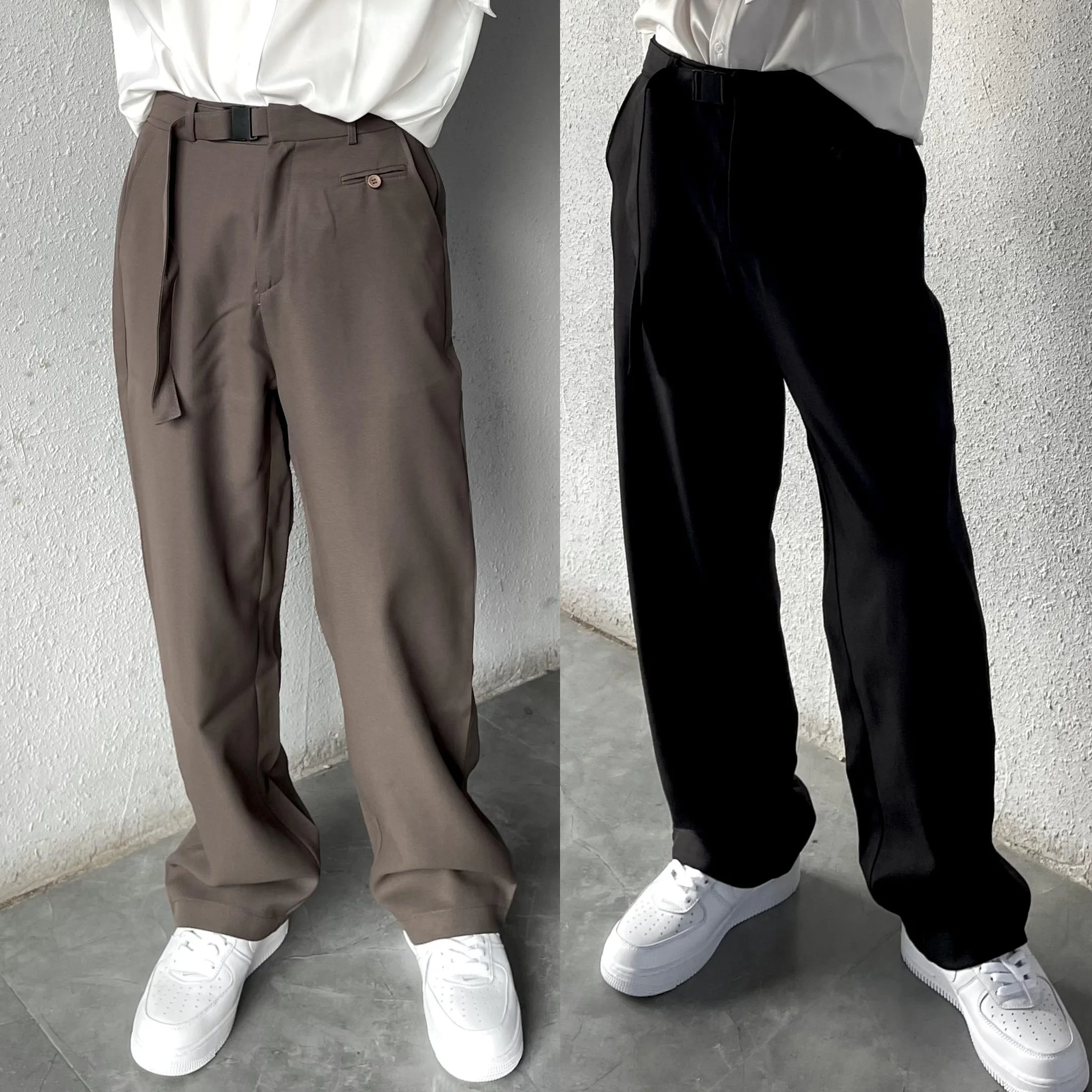 

Мужские свободные прямые брюки Vibe с поясом, винтажные коричневые повседневные длинные брюки, модные осенние молодежные однотонные стильные штаны