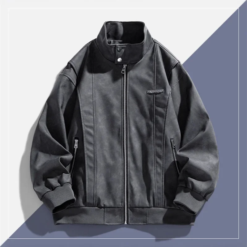 

Man Autumn Leather Coat Vintage Motorcycle Punk Stand Collar Male Bomber Jacket Letter Printed Long Sleeve Zipper Men Outerwear