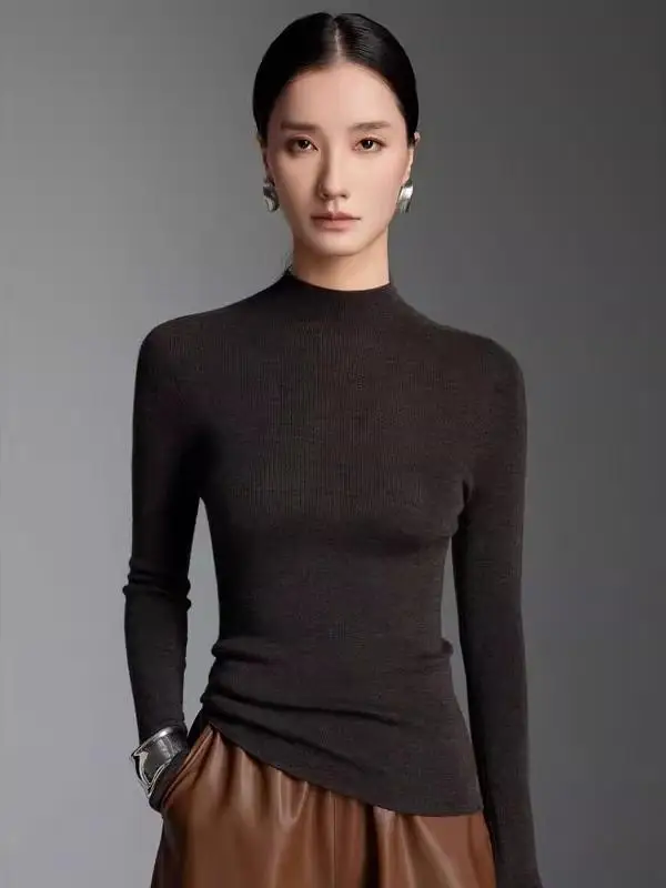 

Women's Slim Fit Knitted Base Shirt Half High Collar Inner Wear Autumn Winter Fashionable Korean Style Regular Fit Long Sleeve