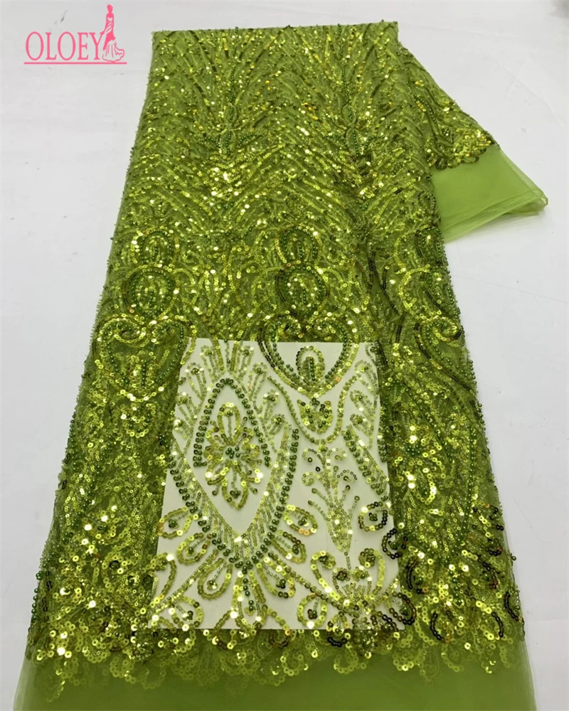 Luxury Nigerian African Handmade Beads Sequins Mesh Lace Fabric for Party Dress - Handcrafted Fabric for Clothing And Crafts