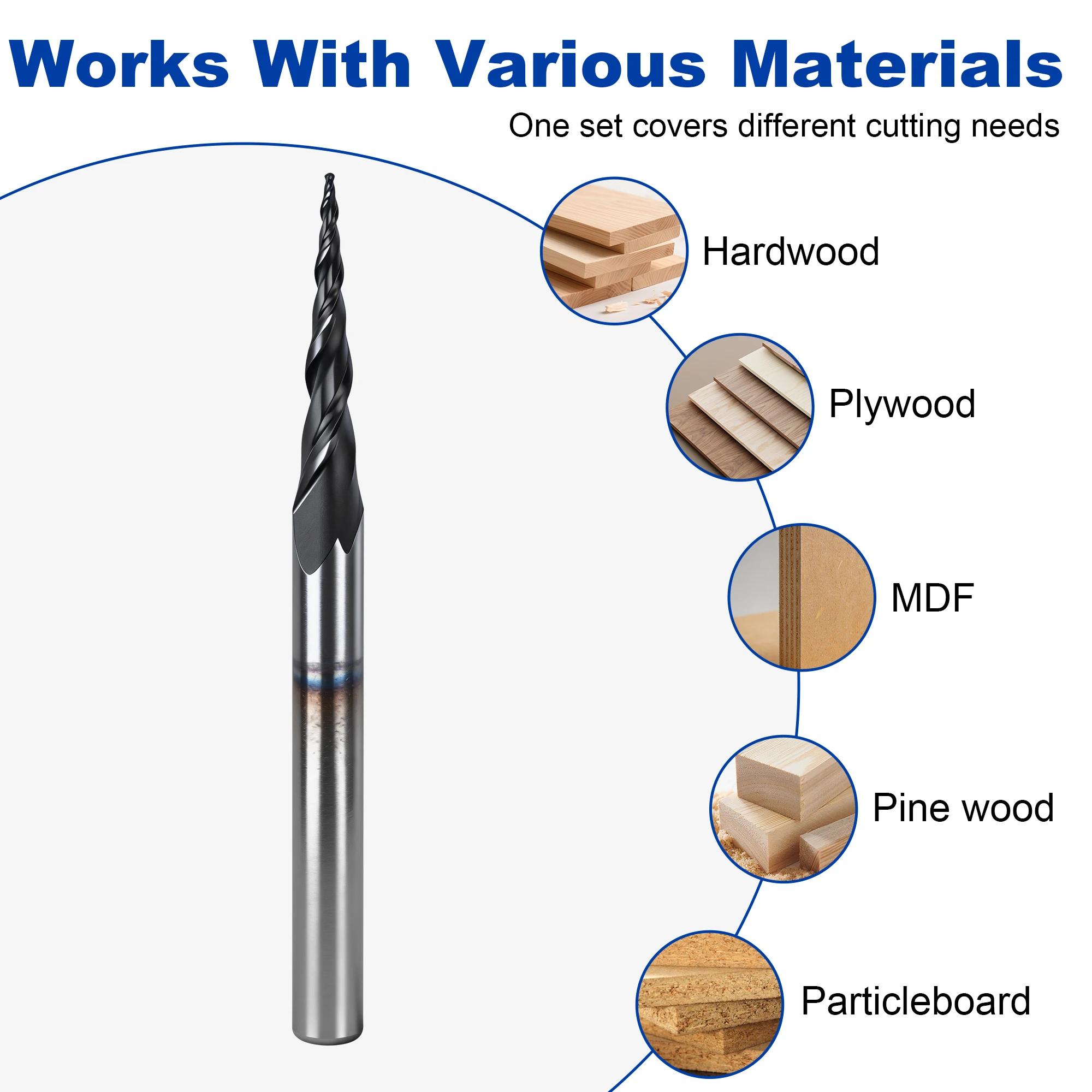 TwoTrees 3.175mm Carbide Engraving Bits Set, Tapered Ball Nose, Flat Bottom V-Bit, 3-Edge Point, Straight Slot CNC Router Bits