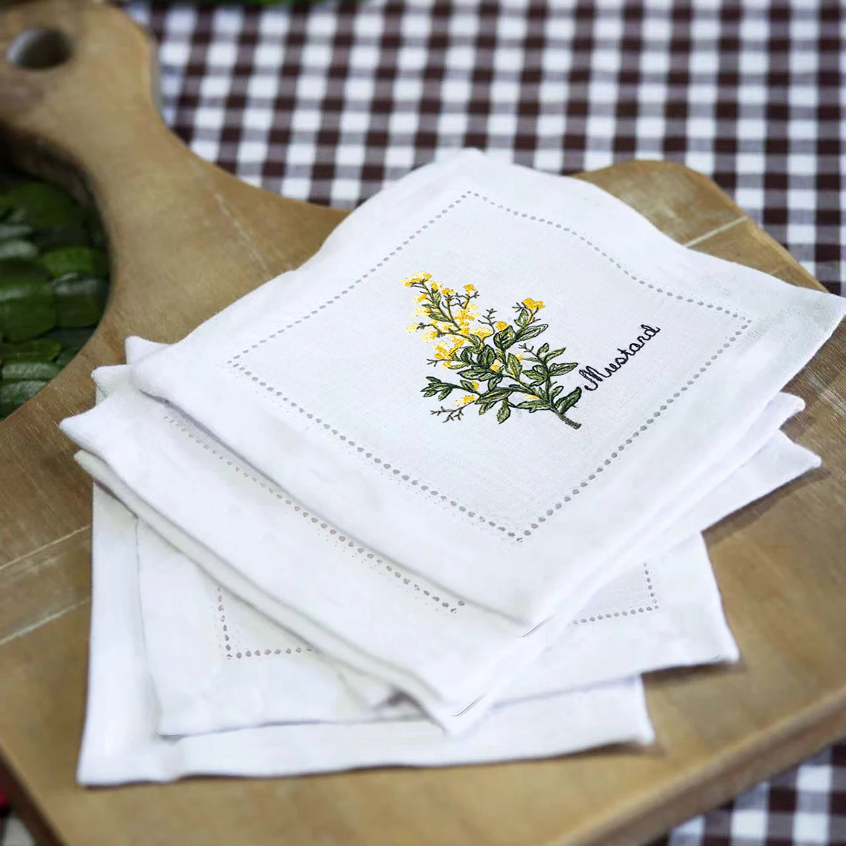 New Embroidered Herb Cocktail Napkin, Pure Linen, Lavender, Rosemary, Mint，Sage，Natural, Elegant, Tea Napkin, 15x15cm,