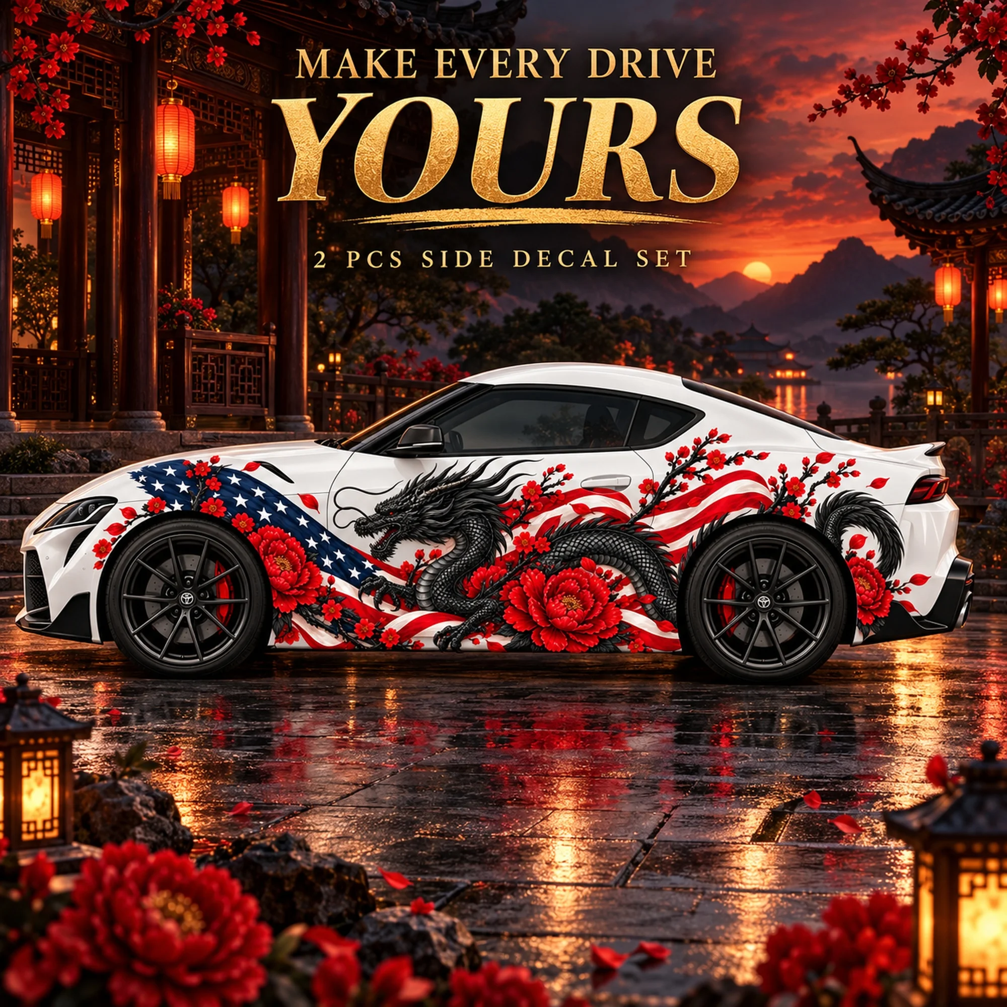 2 PCS American Flag Black Dragon Red Peony Car Side Decals, Die-Cut Vinyl Sticker Set