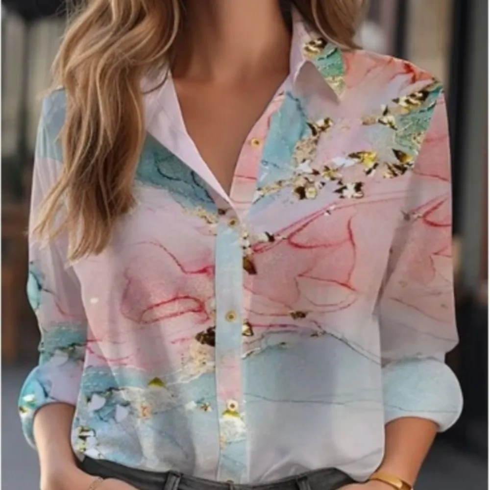 Loose Lapel Button Up Shirt 2024 Creative Printing 3D Digital Print Shirt Tops Casual Trend Long Sleeved Women\'s Blouse Camisas