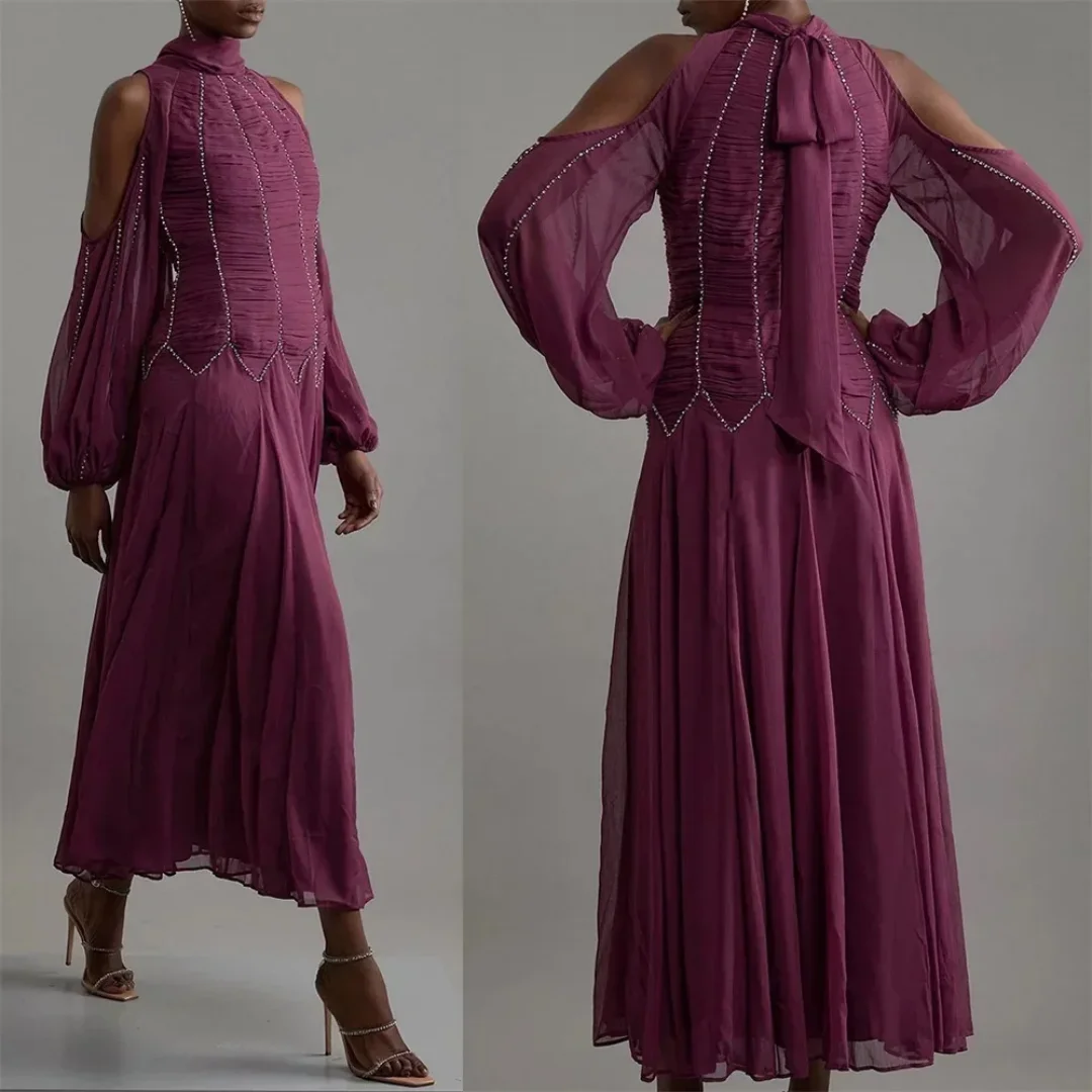 

Изысканное платье для выпускного вечера, вечернее платье для женщин, шифоновое плиссированное драпированное платье трапециевидной формы со стразами и высоким воротником, платья миди по индивидуальному заказу