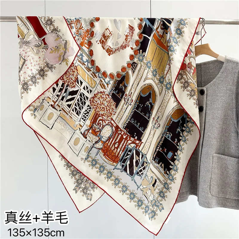 New versatile silk wool square scarf with double-sided contrasting colors handmade fashionable shawl silk wool scarf