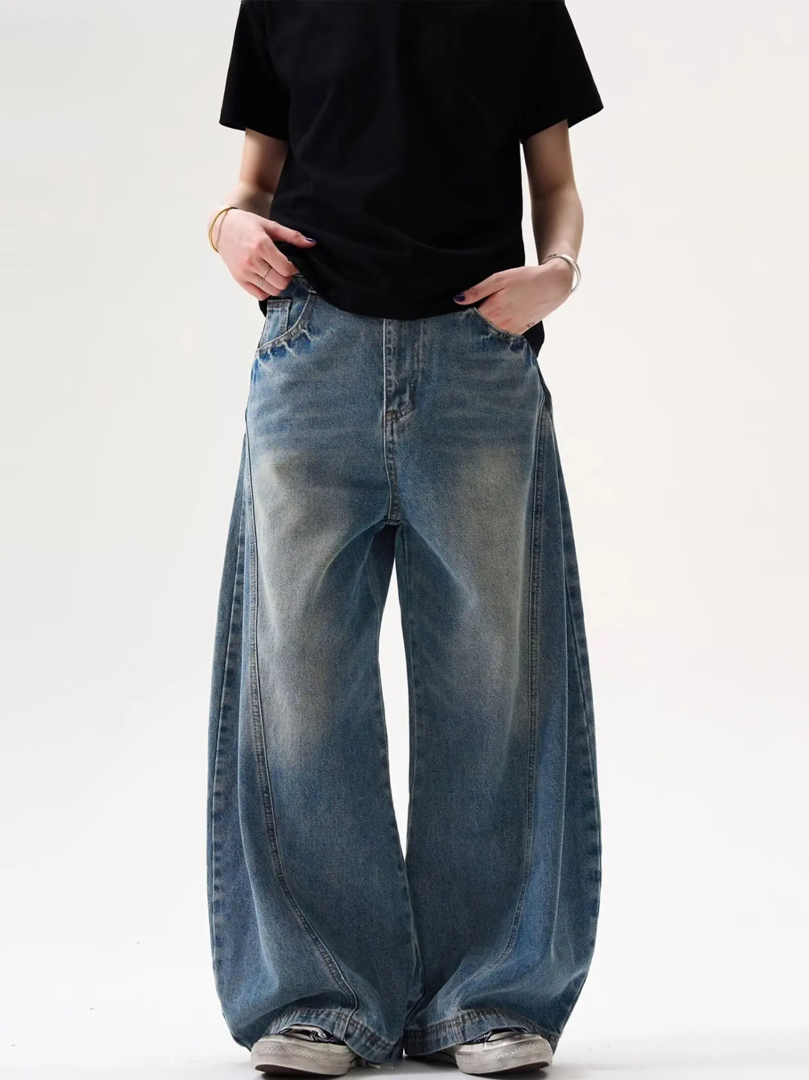 

American Retro Wide Leg Loose Fit Straight Jeans Men's Design Couple's Pants Youthful Casual Wear Resistant Wear