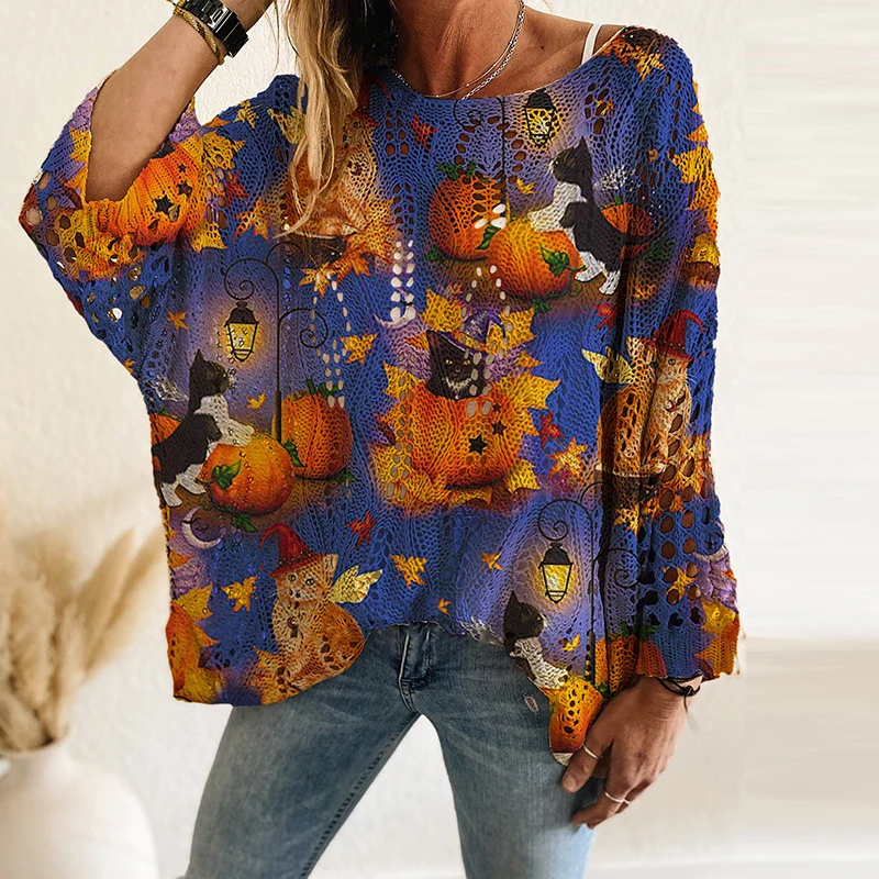 Fashion Halloween Sweater Women Pumpkin And Bat Printed Long Sleeve Loose Knitted Sweaters For Women Casual Jumper Pullover Tops